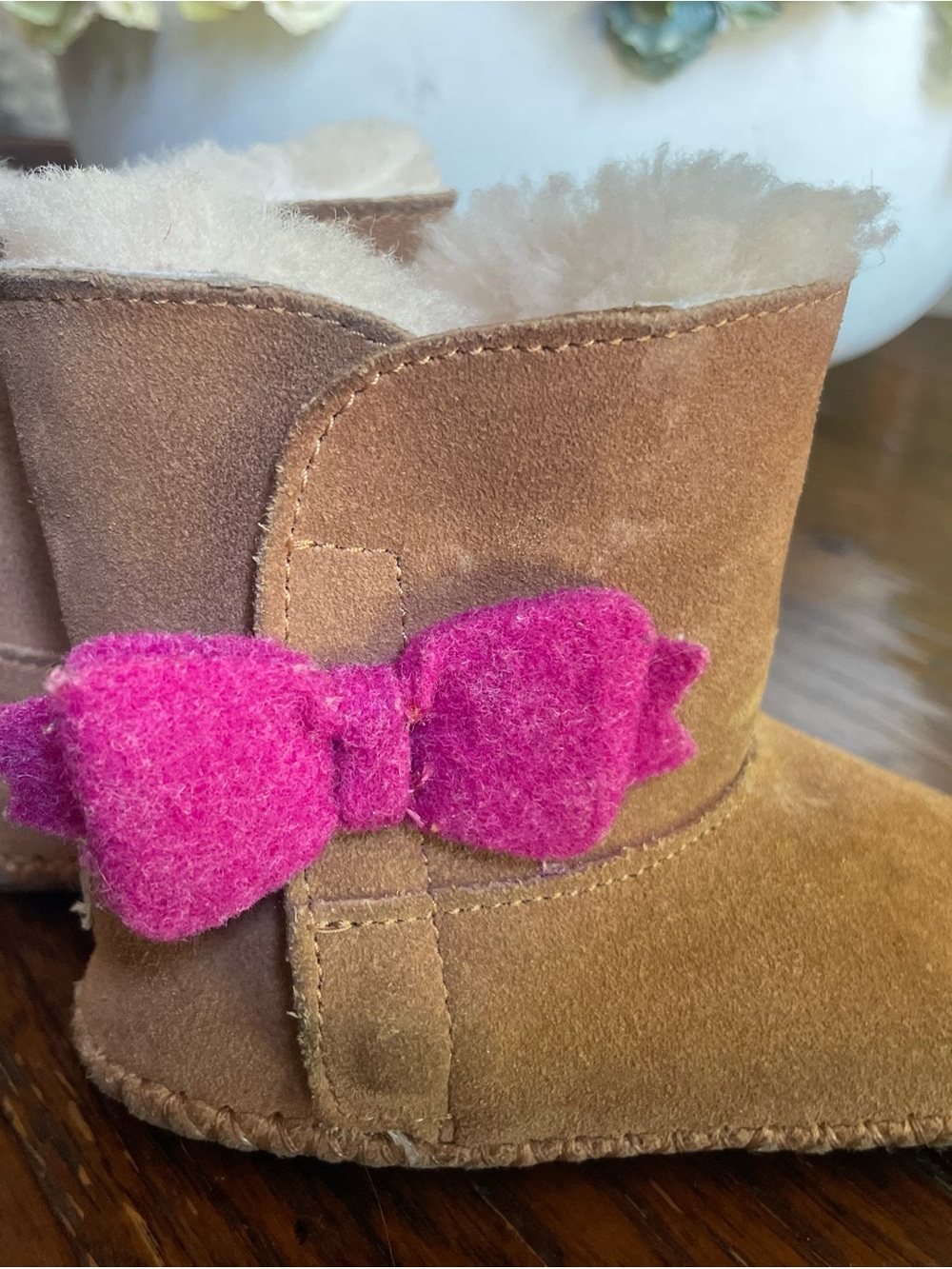 UGG Kids Chestnut Suede Boot with Hot Pink Bow